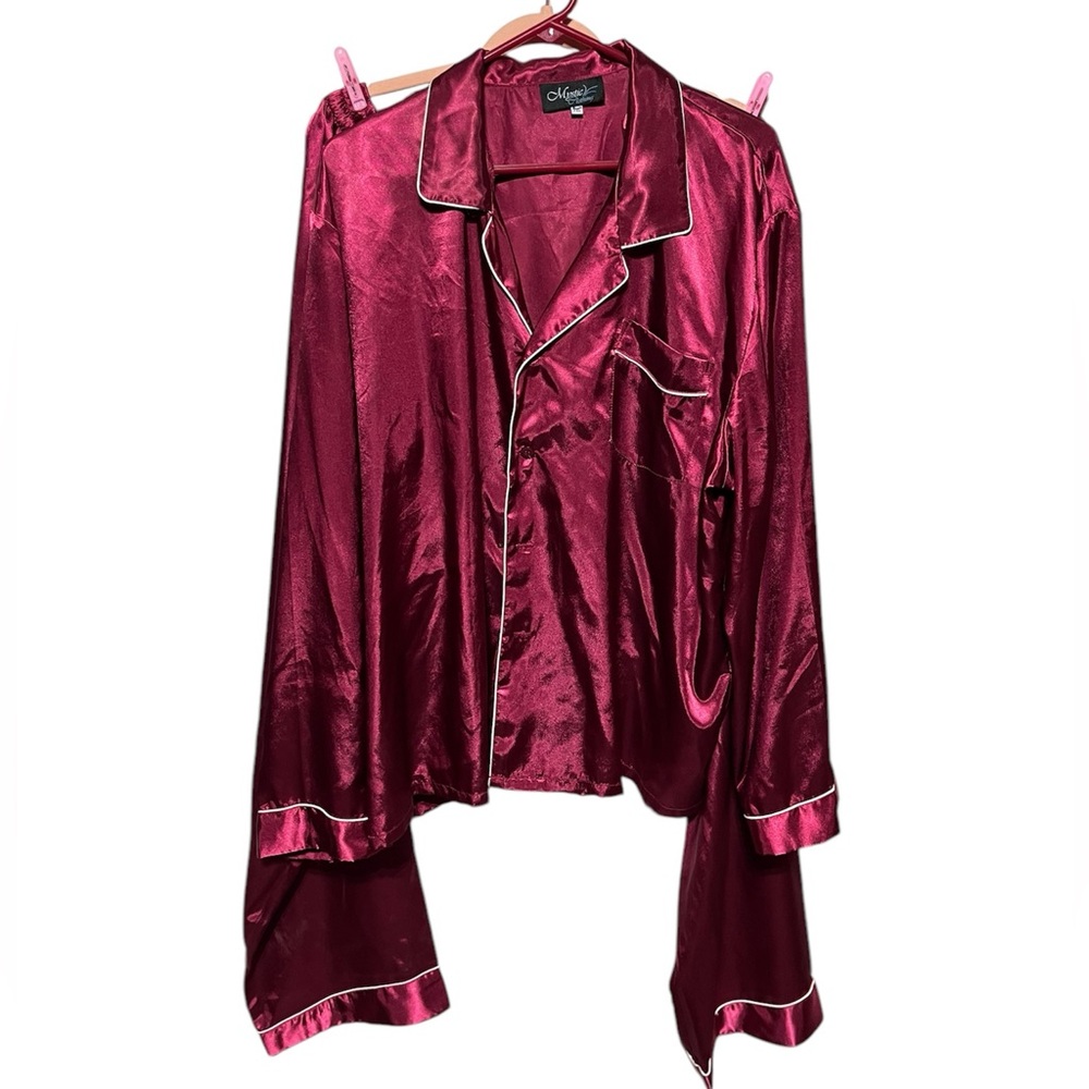 MYSTIC CLOTHING WHITE PIPING TRIM PAJAMA SET WOMEN 2XL BURGUNDY SATIN GRANDMA